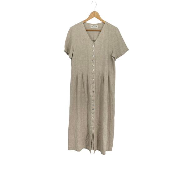 Orvis Beige Button Down Linen Blend‎ Mother Of Pearl Buttons Maxi Dress Size 14 - Picture 1 of 6